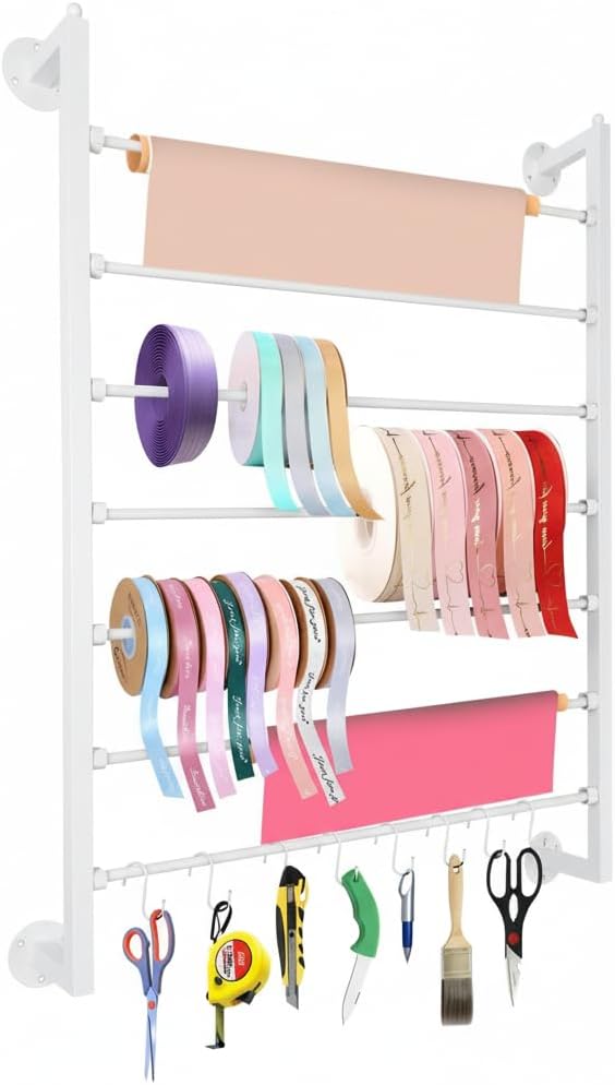 Xbsyhx Ribbon Storage Organizer 7 Tier Wall Mounted Ribbon Rack Ideal for Wrapping Paper Scarf Tie Belt Towel, Metal Ribbon Storage for Craft Room Flower Store Scarf Belt-with Hooks-White