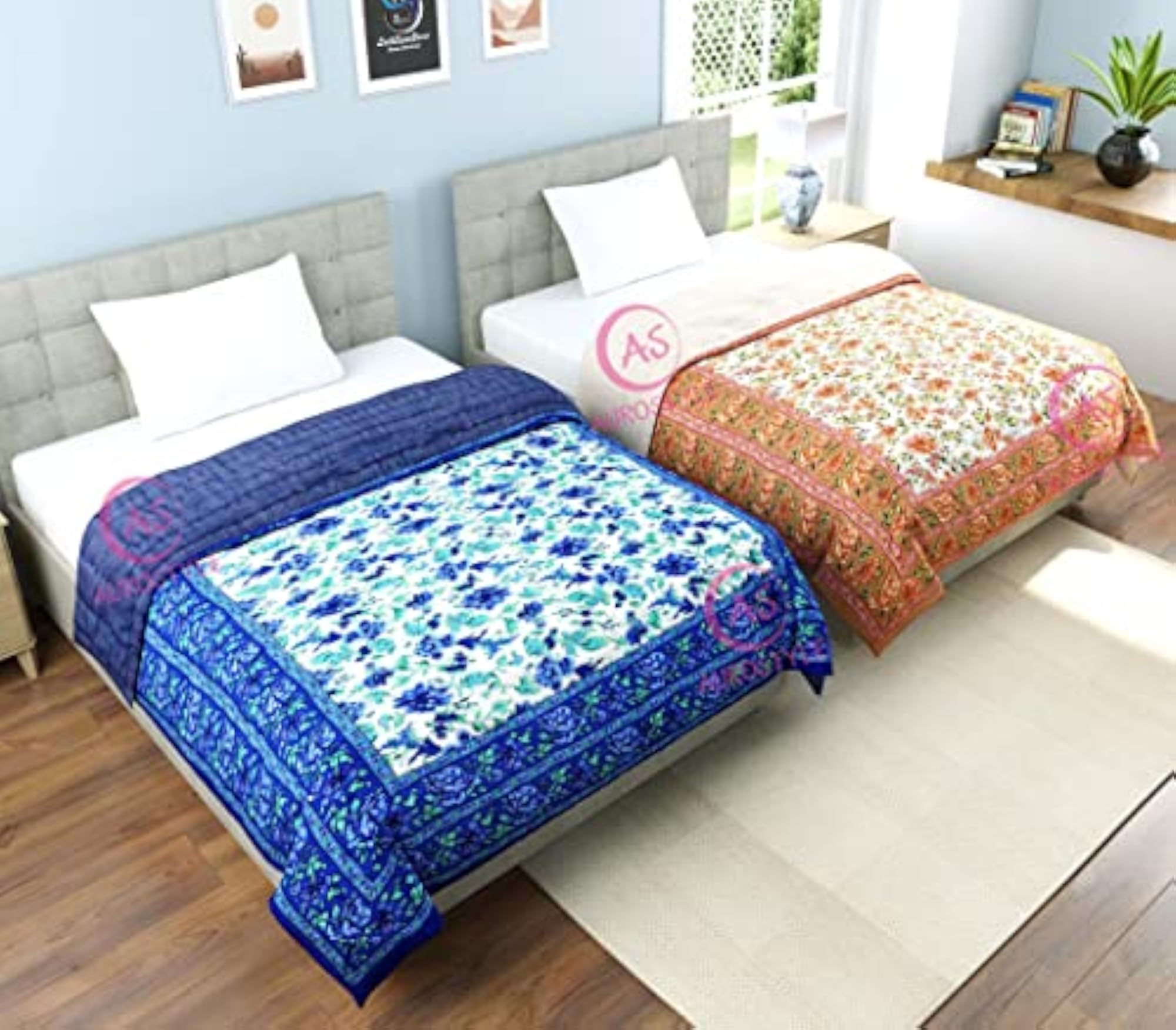Pure Cotton Jaipuri Design Printed Single Bed Quilt Set