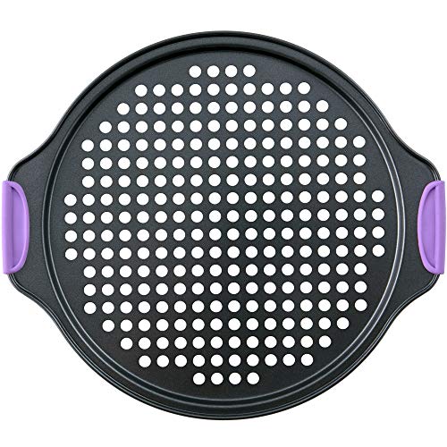 Amazing Abby - Chef Stacy - 13-Inch Non-Stick Pizza Pan With Holes, Perforated Pizza Crisper With Heat-Resistant Silicone Handle Grips, Oven-Safe Bakeware, Carbon Steel Baking Pan For Oven #TOP2