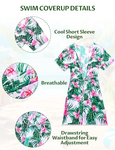 Swimsuit for Girls 8-9 Years Old 3 Piece Green Pink Flower Cover-up Bikini Bathing Suits with Sun Protection4