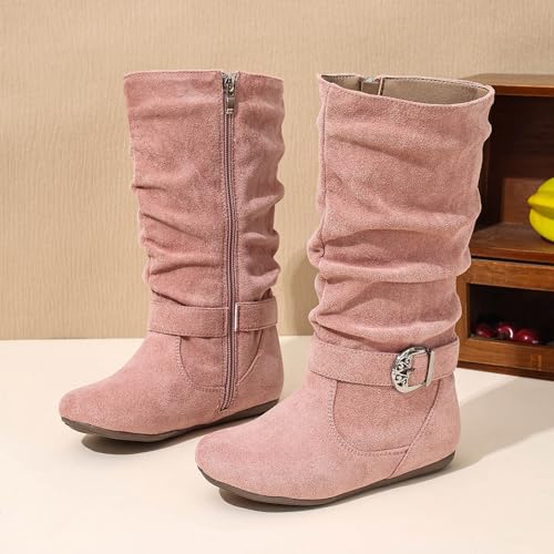 Mid Calf Boots for Girls Soft Slouchy Flat to Low Heel Under Knee High Boot Buckle Zipper Cute Round Toe Riding Boot Girl's Slouchy Slip On Casual Boots2
