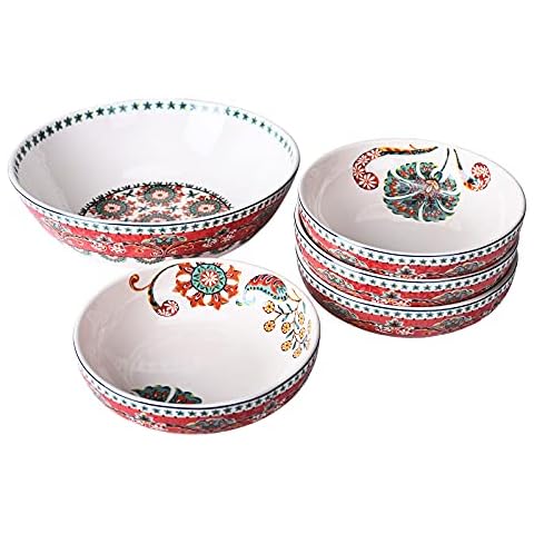 Sonemone Christmas Red Pasta Bowls Set of 5 (1 unit 114oz, 4 units 35oz), Large Serving Bowls, Farmhouse Floral Dinner Bowls, for Pasta, Salad, Microwave & Dishwasher Safe Cover