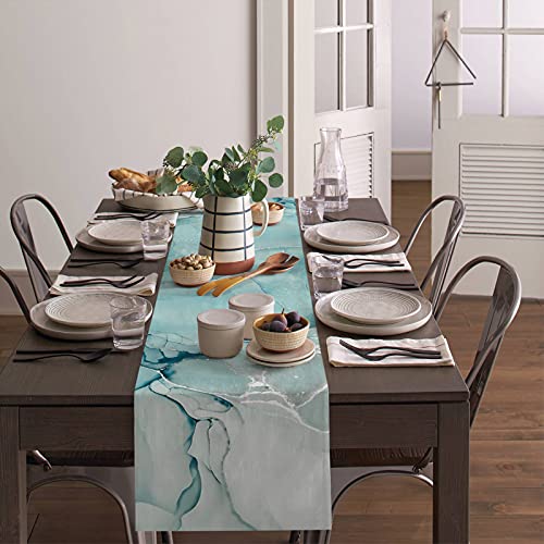 Prironde Teal And Turquoise Table Runner 36 Inches Long For Kitchen Dining Table Marble Abstract Geometric Coffee Table Runner For Living Room Cotton Linen Table Runners For Party Home Decor 13X36In #TOP3