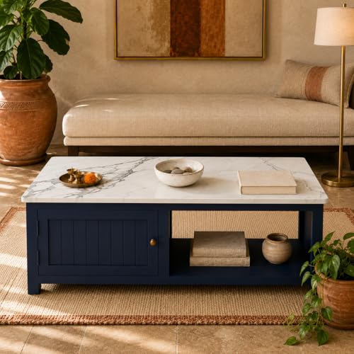 Image of Solid Wood Center Table Premium Sintered Stone Coffee Table for Living Room Wooden Centre Table Premium Acrylic Midnight Blue Finish 110 x 60 x 40 cm