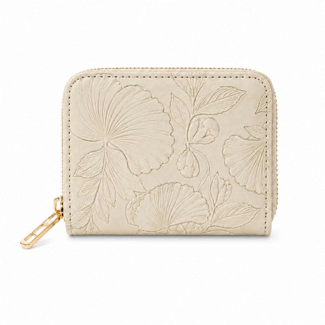 Women's Compact Wallet | Premium PU Leather Zip Around Wallet with Floral Embossed Design | Card Holder, Coin Purse & Cash Organizer for Daily Use (Cream)-image-11