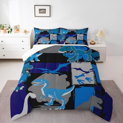 Castle Fairy Blue Dinosaur Full Size Comforter Set Dinosaur Grid Bedding Set for Kids Adults Teens Cute Animals Comforter Luxury Hippie Graffiti Quilt Set Room Decor 3Pcs