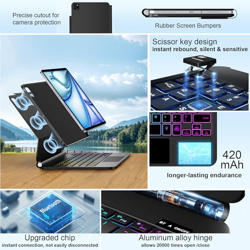 Image of Keyboard Case for iPad Air 13 inch (M4 /2026 /M3 2025 /M2, 2024),iPad Pro 12.9 inch (3 /4 /5 /6th Gen)，Easy-Set Magnetic Stand- 7-Color Backlit - Removable Cases with Multi-Touch Trackpad Keyboard