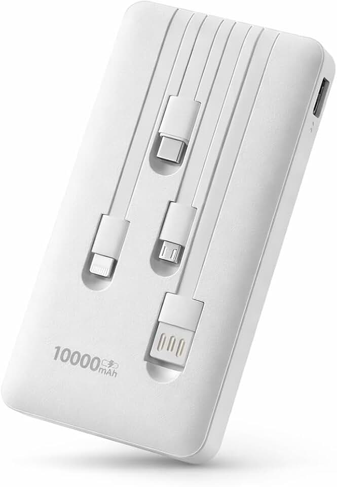 Power Bank 10000mAh 5 em 1 com Cabos Integrados Carregador Portátil com Entrada e Saídas USB USB-C Micro USB iOS LED Compacto para Celular Tablet Uso Diário