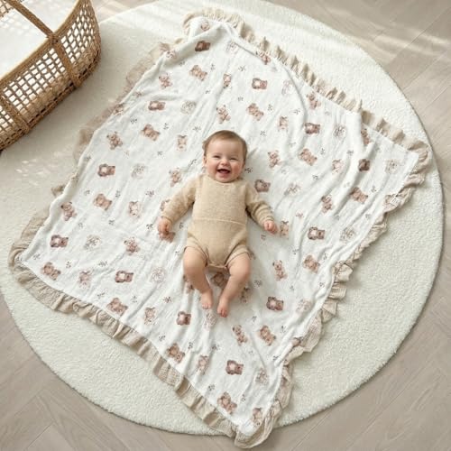 Image of Muslin Ruffled Baby Blanket, Extra Large 52 x 52 Inches, Soft Breathable Cotton Crib Blanket for Newborn Infant Toddler (Mustard Yellow-Ruffled, Printed)