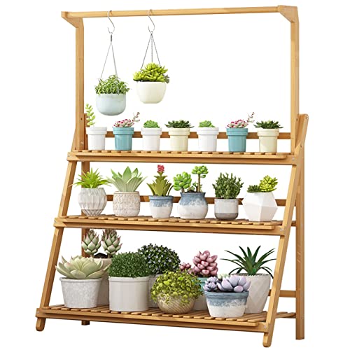 Plants Display Rack Flower Plant Stand Display Rack Bamboo 3 Tier Garden Shelves Folding Display Shelving Hanging Storage Organizer Rack for Home Garden Patio Balcony Indoor Outdoor Étagère À Plantes