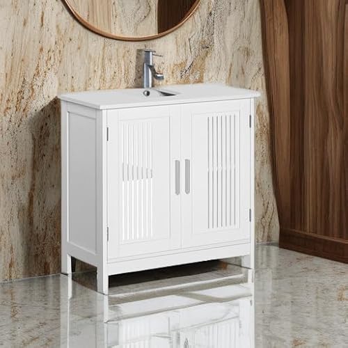 kleankin Modern Under Sink Cabinet with 2 Doors, Pedestal Under Sink Bathroom Cupboard, Bathroom Vanity Cabinet with Adjustable Shelves, White