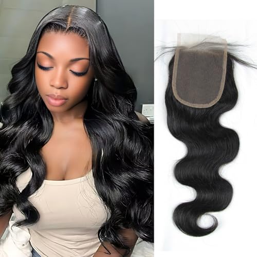 4x4 Lace Closure Body Wave - Transparent HD Free Part Invisible Lace Closure 100% Brazilian Virgin Human Hair Pre Plucked with Baby Hair Natural Black 12A Grade (10 Inch)