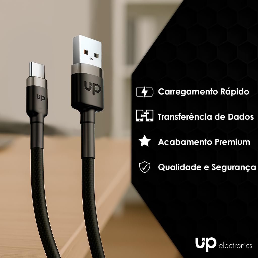 Cabo USB-C/USB - UP Electronics, Carregamento Rápido, Acabamento Premium e Transferência de Dados – Preto