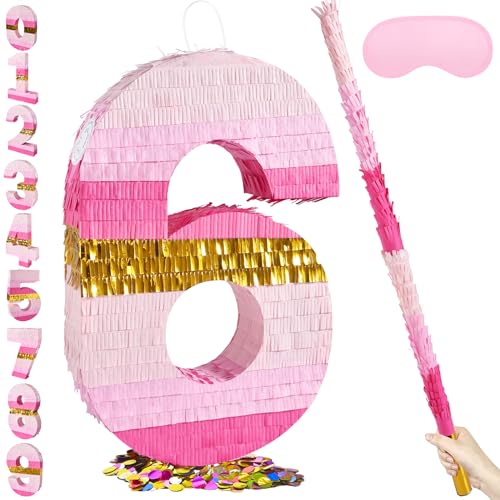 PCFING 20 Inch Number 6 Pinata Pink Gold with 30 Inch Pinata Stick Blindfold Confetti for Boys Girls Adults Birthday Party Decorations, Anniversary Celebration, Fiesta