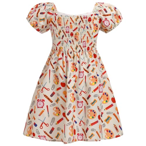 IMEKIS Toddler Kids Girls Back to School Dress Smocked Dress Pencil Print Kindergarten First Day of School Outfit 3-8T2