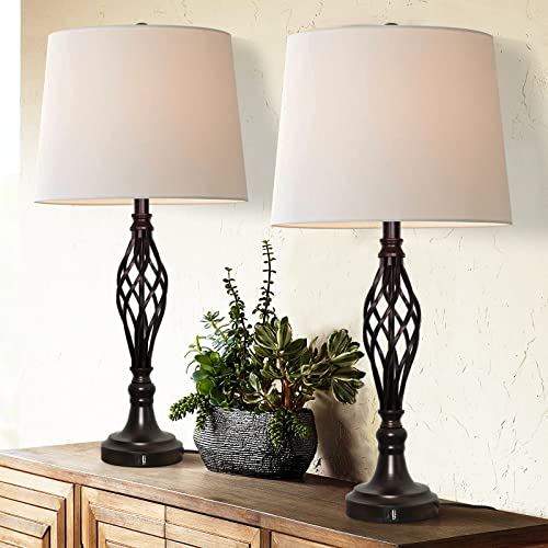 Qianlu Table Lamps Vintage Bedside Lamp With Dual Usb Charging Ports For Living Room Set Of 2, Farmhouse Nightstand Lamps, 28.75'' Retro Lamp With Spiral Cage Design Base For Bedroom, Guest Room #TOP7