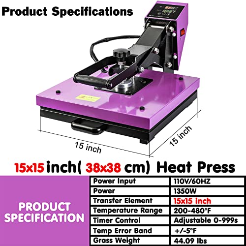 Heat Press 15X15 T Shirt Heat Press Machine With Digital Controller Sublimation Transfer Machine Industrial Home Use Heat Printing Machine For T-Shirt, Mouse Pad, Canvas Bags, Banner, Purple #TOP5