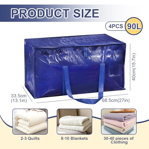 4 Stück Große Blau Umzugstaschen, 90L Faltbare Aufbewahrungstasche mit Reißverschluss & Griffen, Umzugskartons Kleideraufbewahrung, Strapazierfähige Umzugshelfer für Bettwäsche, Kleidung (Blau 4PCS)