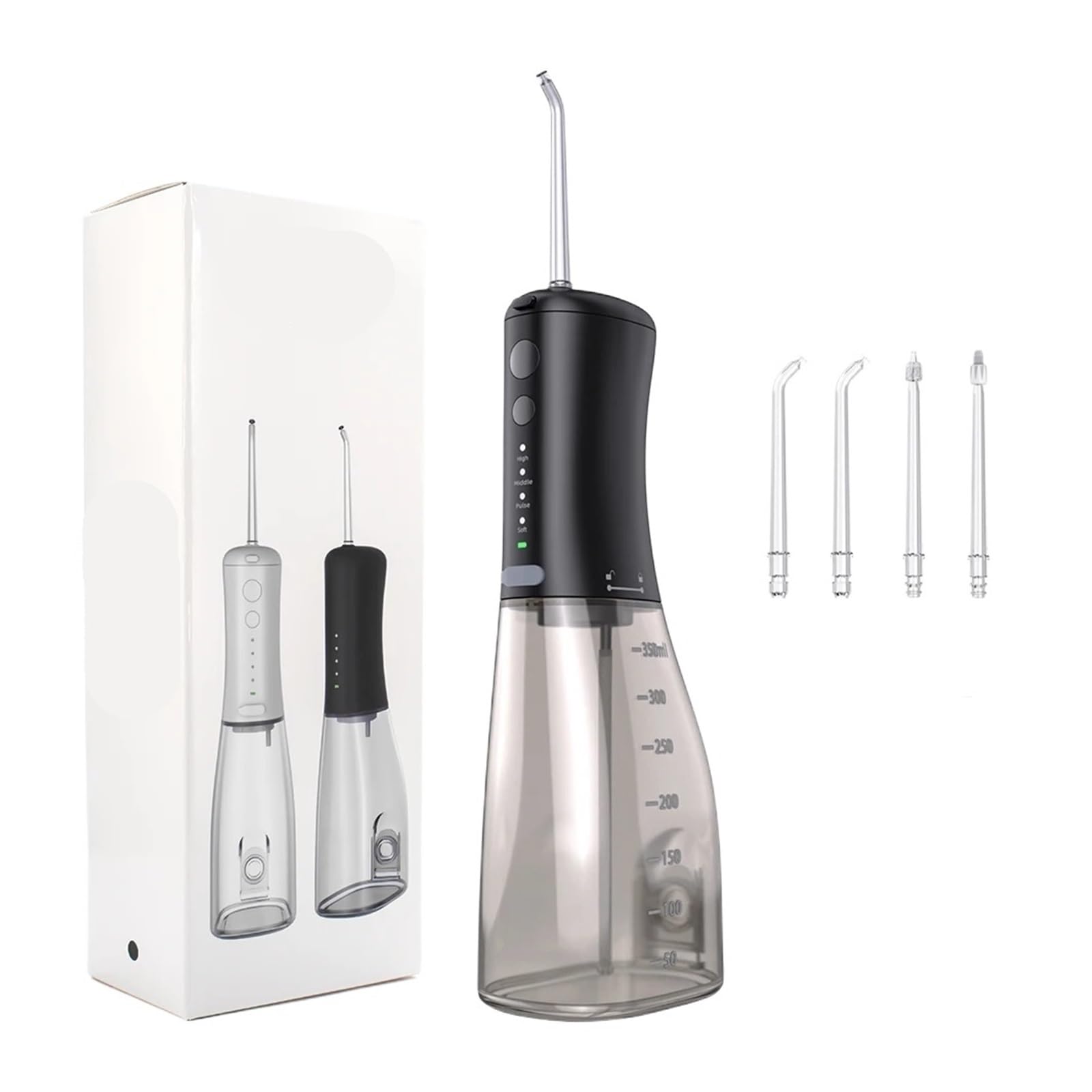 Idropulsore portatile Irrigatore orale dentale Detergente for denti 350 ml 4 modalità for uso in viaggio(Black)