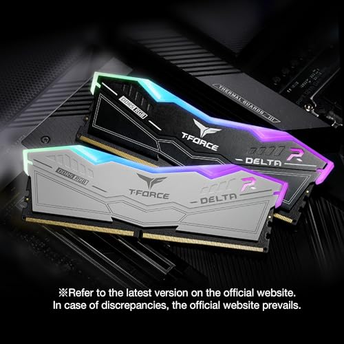 Image of TeamGroup T-Force Delta RGB 2x16GB 6000MHz (6000MT /s) CL38 White 32GB DDR5 RAM Kit, Desktop Gaming Memory, Metal Heatsink, ARGB Sync, ECC, XMP 3.0 /EXPO, For Intel /AMD CPU, High Performance Low Latency