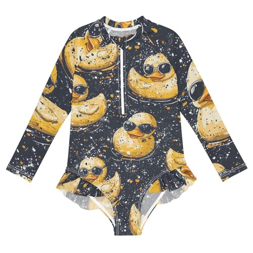 Girls One Piece Swimsuits Long Sleeve Swimsuit Zipper Bathing Suits Cool Rubber Duck Black