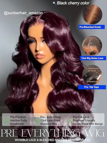 Image of Sunber Purple Black Cherry 13x4 Pre-Everything Body Wave Wig Human Hair 20 inch | Bye Bye Knots 13x4 HD Lace Frontal Glueless Wigs Pre Plucked Pre Bleached Knots 180% Density 3S Put On and Go Wigs