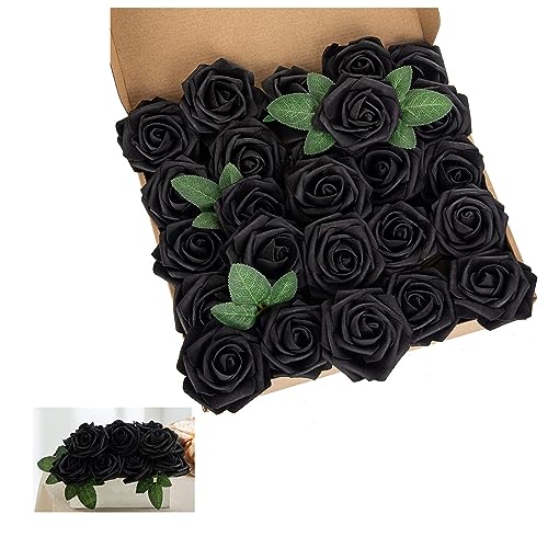 Lansdowns Artificial Flower Black Rose 25pcs Real Fake Rose with Stems Leaves for Home Decoration Party Garden Centerpieces DIY Wedding Bouquets（Black）