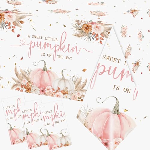 3Pcs Pink Little Pumpkin Table Cloth for Girl, Boho Fall Baby Shower Decorations A Sweet Little Pumpkin is On The Way Table Cloths Plastic for Autumn Thanksgiving Gender Reveal Party, 51.2" x 87"