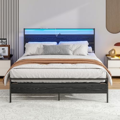 HOJINLINERO King Size Bed Frame with Headboard & LED Lights,Metal Bed Frame King size with Charging Station Bed Base/Mattress Foundation/UnderBed Storage/Strong Steel Slats/Easy Assembly,Black 150x200