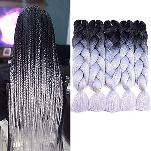OJPLAND Black to Silver Braiding Hair Extensions 5Pcs 24 Inch Ombre Braiding Hair Synthetic Fiber for Braiding Crochet Twist Box Braids Color Braid (Black-Silver Gray)