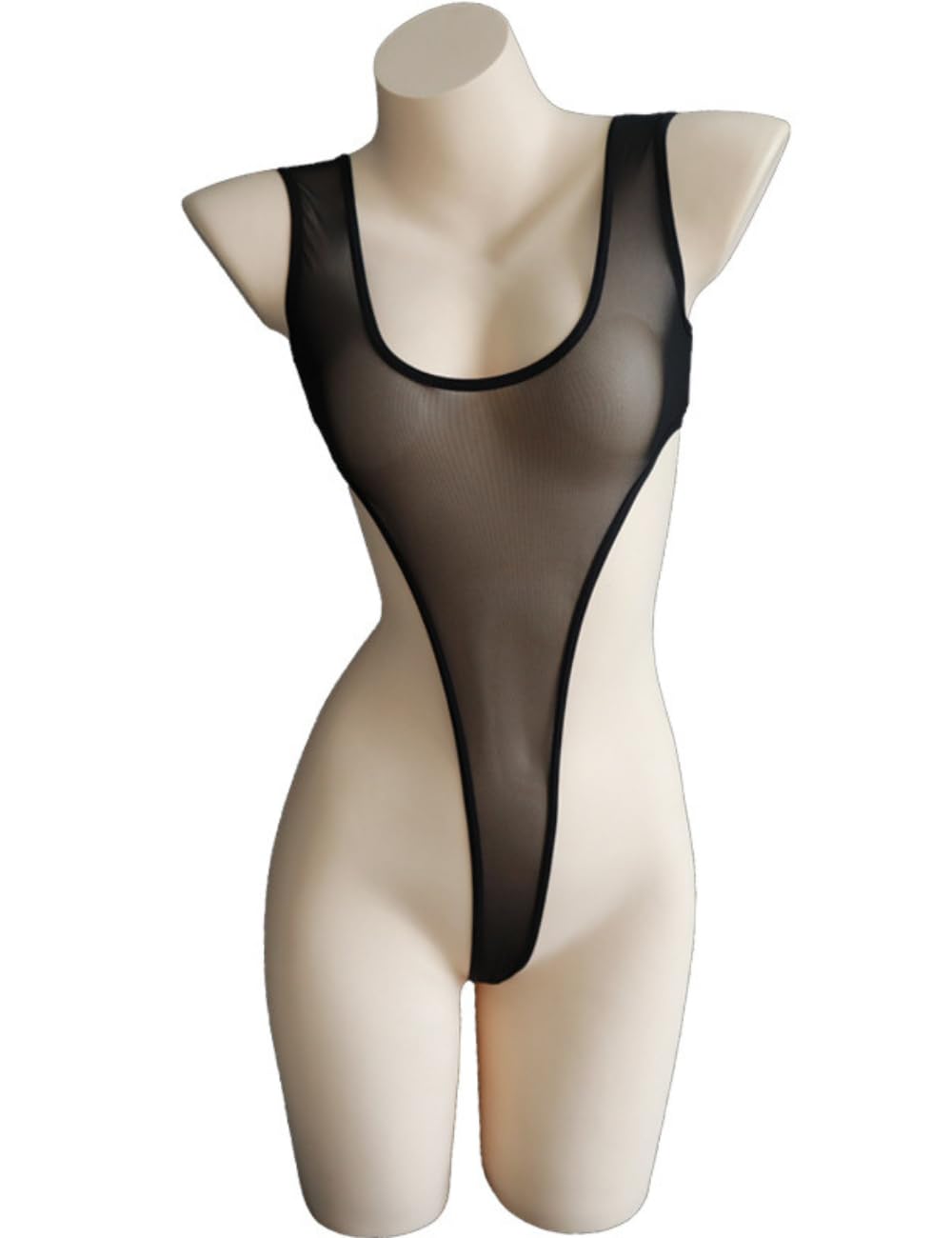 SNOMYRS Women Sexy See-Through High Cut Bodysuit Thong Leotard Sleeveless Lingerie One-Piece Mesh Bikini Valentine Custumes