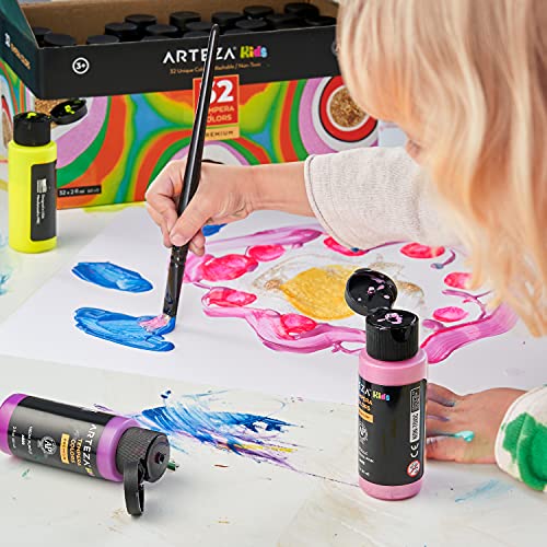 Arteza Tempera Washable Paint For Kids, Set Of 32, 2.03Oz/60Ml Bottles, Poster Paint For Painting, Craft Projects, Sponge Painting & Finger Painting, Includes Neon, Glitter & Glow-In-The-Dark #TOP6