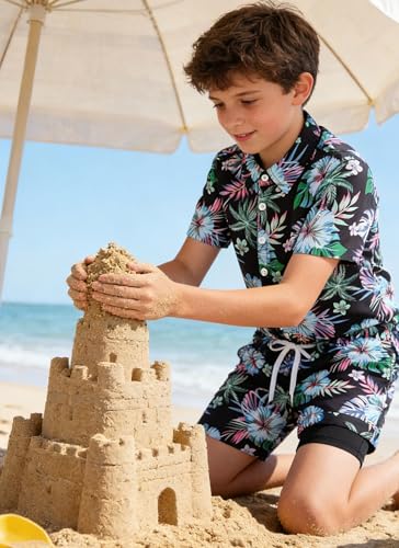 Image of UNICOMIDEA Boys Hawaiian Outfits Tropical Print Button Down Shirt + Swim Trunks 2 Piece Sets for 5-12T Kids