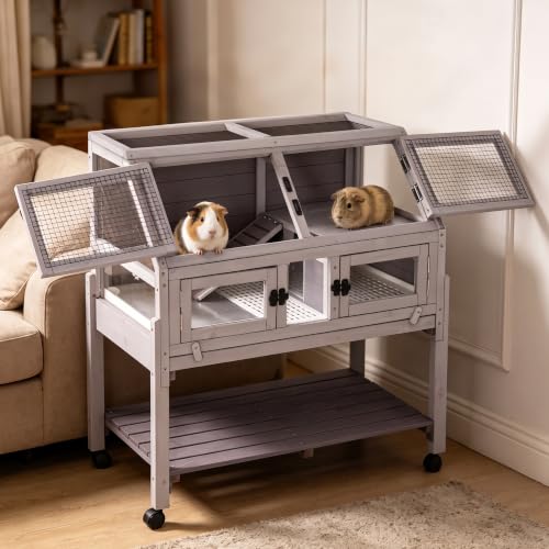 Guinea Pig Cags Indoor, Large Rabbit Hutch with Wheels, Wooden Hamster Cage with Chew-Proof Ram, Zinc Cool Plate and Plastic Floor, Small Animals Cage Habitat with Pull Out Tray (Light Grey)