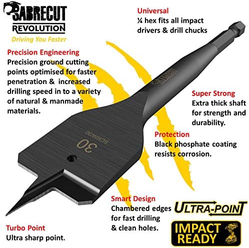 1 x SabreCut SCRIW30_1 30mm x 152mm Impact Rated Flat Wood Spade Bit Compatible with Bosch Dewalt Makita Milwaukee and Many Others