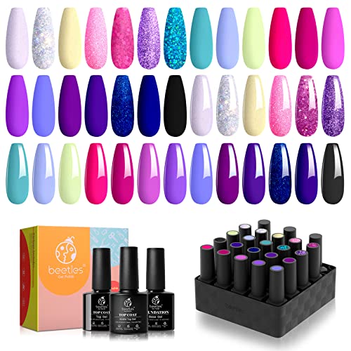 Beetles 20 Gel Nail Polish Kit,Midnight Euphoria Collection Purple Blue Hot Pink Glitter Gel Polish Set Soak off Glossy & Matte Top Base Coat Nail Art Design Valentine's Day Gifts for Women Girls