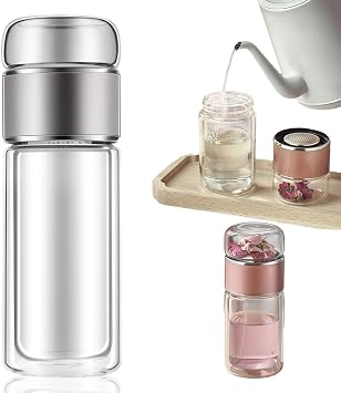 Double Walled Glass Tea Tumbler with Infuser, 17 Oz/500ml Portable Tea Infuser Bottle with Stainless Steel Filter silver, 500, Milliliters