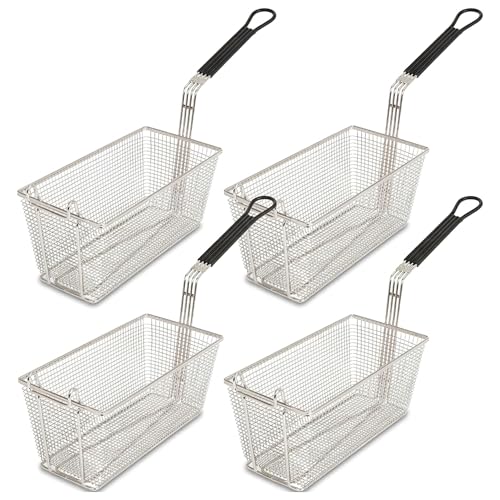 Juego de 4 Cestas para Freidora con Gancho Frontal, 13 1/4" x 6 1/2" x 5 7/8", Cesta Comercial Resistente, Mango de PVC Térmicamente Aislado, Malla de Acero Niquelado para Papas Fritas, Chips y Alimentos Fritos miniatura 1