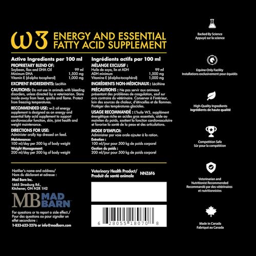 Mad Barn - W-3 Oil 5 L with Omega-3 DHA & Natural Vitamin E | Fat Supplement for Horses | Supports Healthy Skin & Shiny Coat