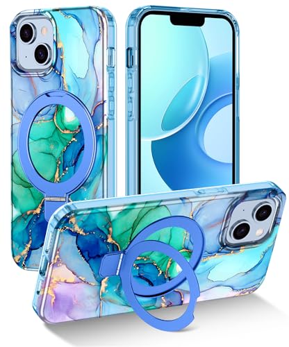 Lamcase for iPhone 13 Case,iPhone 14 Case with Magnetic Invisible Ring Stand [Compatible with MagSafe], Full Body Rugged Slim Women Men Girl Shockproof Marble Pattern Design Case, Cyan Blue - image 1