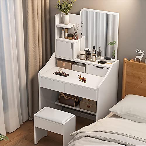 Tocador de maquillaje iluminado con taburete y almacenamiento, 70 cm de largo, perfecto para dormitorio o estudio, elegante tocador con espejo para belleza y organización.