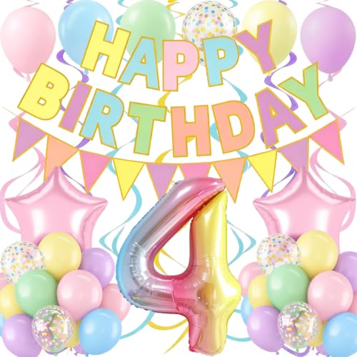 Pastel Birthday Decorations, Rainbow 4 Balloon Number 40 inch, Pastel Happy Birthday Banner, Colorful Flag, Hanging Swirl, Rainbow Balloons for 4th Birthday Decorations Girl