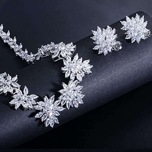 Collier mariage zircone et boucles d'oreilles clips fleur, coffret cadeau idéal