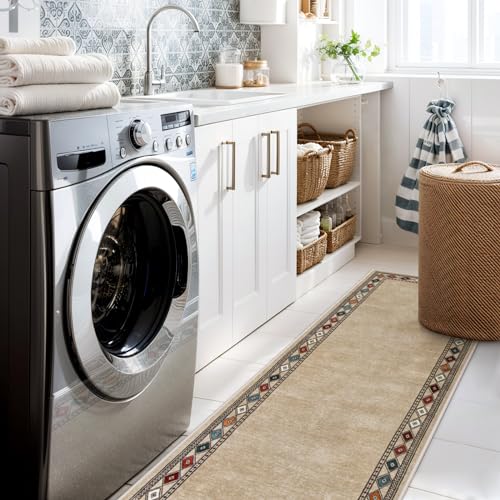 Image of Lahome Modern Bordered Kitchen Runner Rugs Non Skid Washable, 2x6 Runners for Hallways Non Slip Ultra-Thin Hallway Rug, No Shedding Soft Carpet for Entryway Laundry Room Bedroom (2x6ft,Beige)