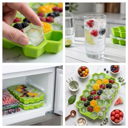 Image of Silicone Honeycomb Ice Cube Tray | 37 Cavity Flexible Freezer Mould Small Ice Cubes Tray | Soft Silicone Ice Maker for Whiskey Fridge Bar | Reusable & Lightweight - Blue & Greenn