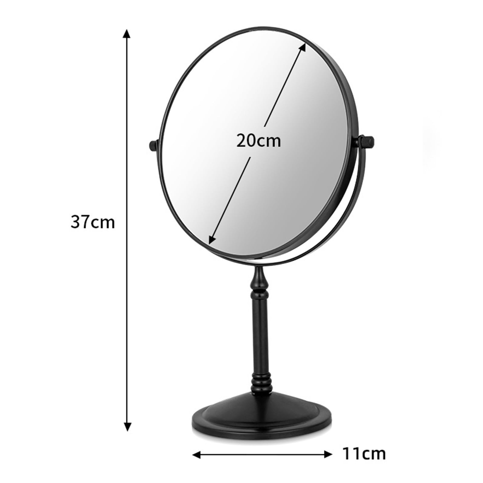 Lusterka do makijażu, 20 cm, dwustronne, stojące lusterko kosmetyczne z powiększeniem, obrotowe o 360°, czarne, 5X