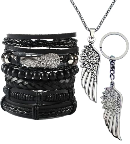 8Pcs Punk Leather Bracelet Set for Men & Women, 6Pcs Braided PU Cuffs, Necklace & Keychain, Adjustable, Stackable