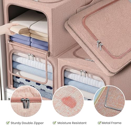 Image of Yellow Weaves 4 Pcs Clothes Organizer for Wardrobe, Foldable, Stackable, Space Saver Closet Basket, Cupboard Almirah Organizer, Storage Box for Clothes (Coral Pink, Regular)