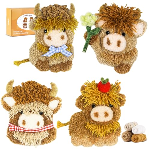 Punch Needle kit-4 Embroidery kit for Beginners Punch Needle Kits Adults Beginner Needles Curved Scissors a Tool Storage Box Yarn Easy-to-Follow Instructions and Tutorial Videos(4 Highland Cow)