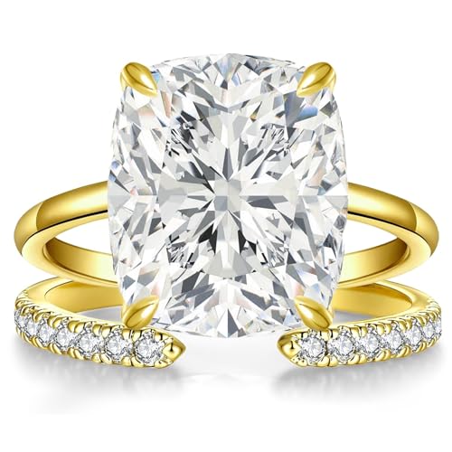 AVECON 5CT Elongated Cushion Cut Engagement Ring Set for Women, Wedding Promise Cubic Zirconia Band, 14K Gold Plated Stackable Adjustable Bridal Half Eternity Open Rings, Size 5